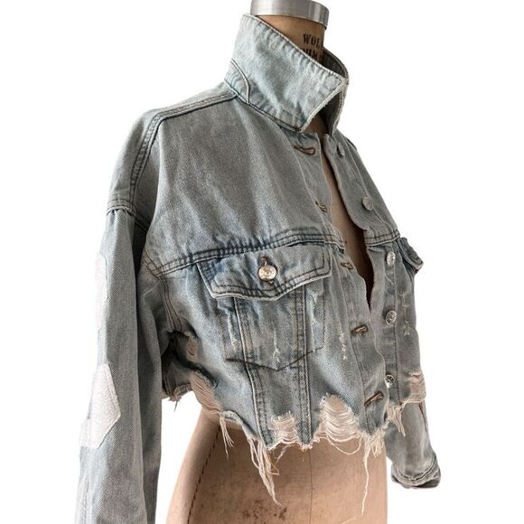 Trio Cropped Distressed Hollywood Denim Jacket Size S - Picture 4 of 7